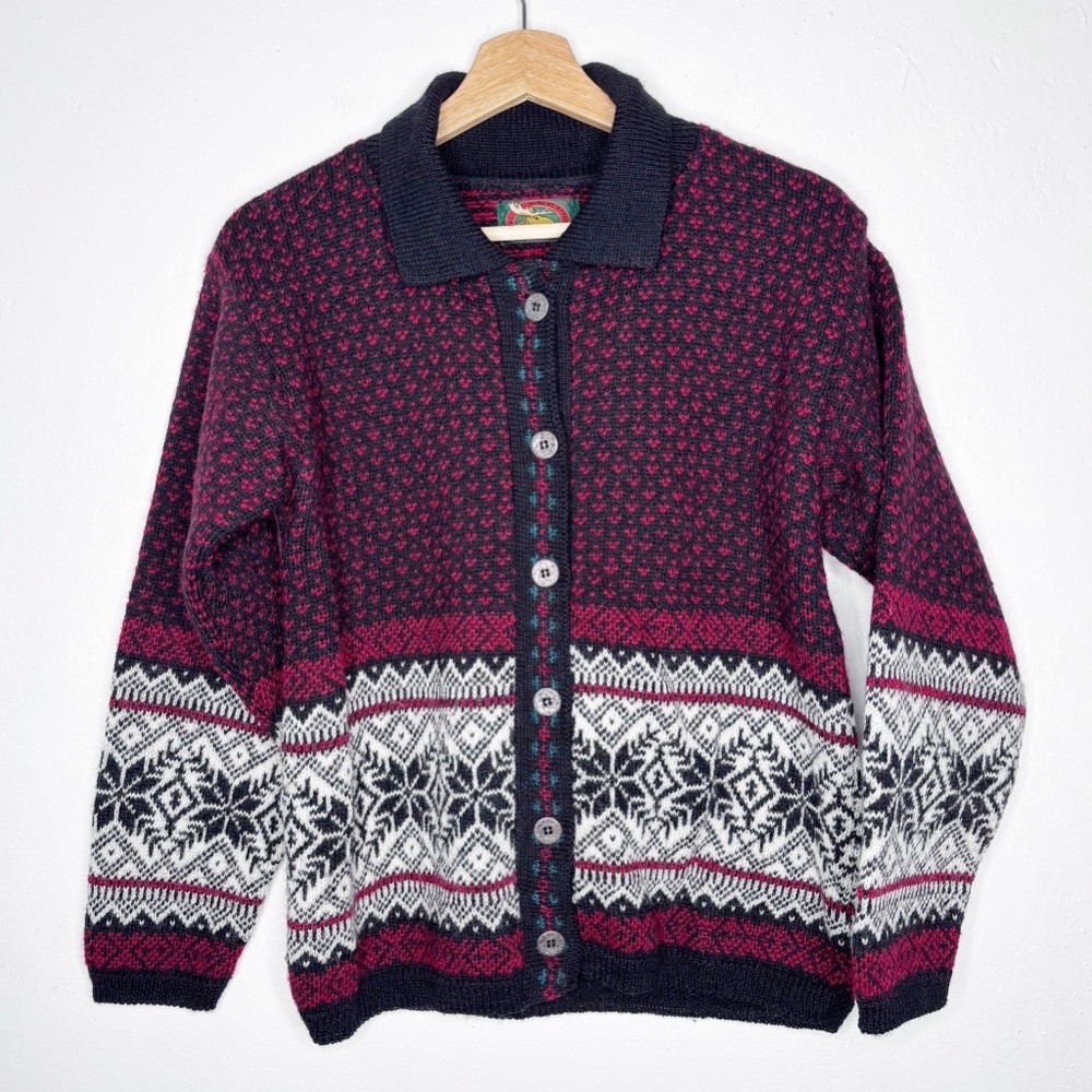 Vintage Alps 100% Wool Nordic Silver Button Cardigan Size Small EUC